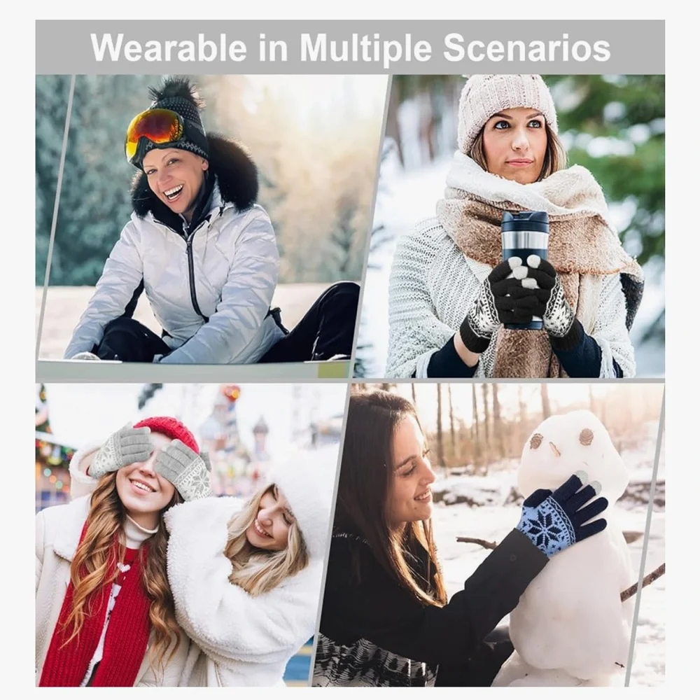 🆕 3 Pairs Touch Screen Gloves Snow Flower, Warm Knit Winter Gloves